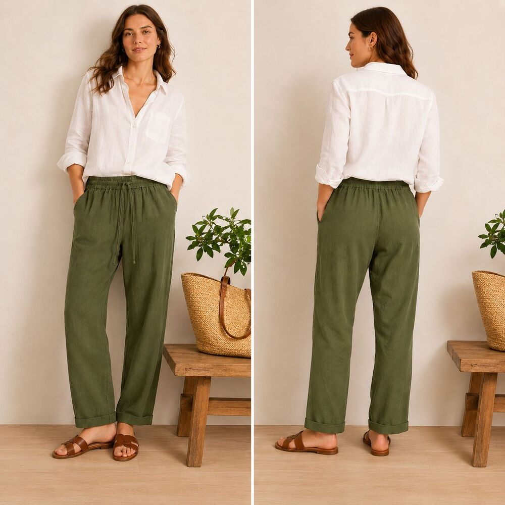 J. Crew Linen Cotton Pant 00 24 Green Straight Leg Pockets Casual Coastal Resort